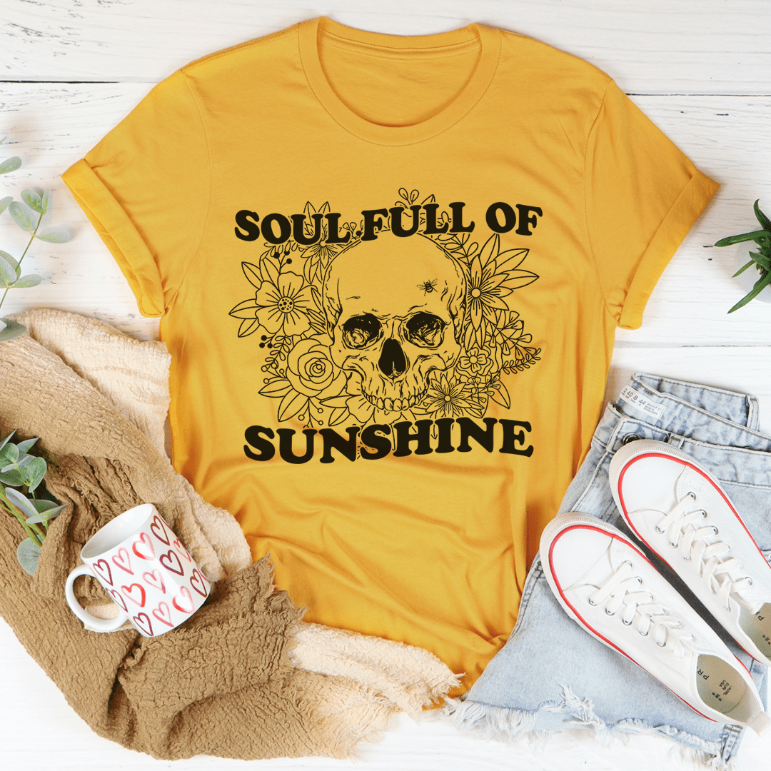 Soul Full Of Sunshine Tee made from soft ring-spun cotton, featuring double stitching for durability, available in various sizes.