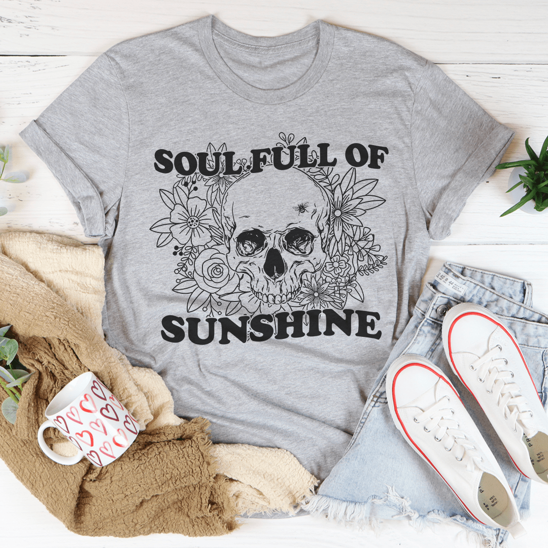 Soul Full Of Sunshine Tee made from soft ring-spun cotton, featuring double stitching for durability, available in various sizes.