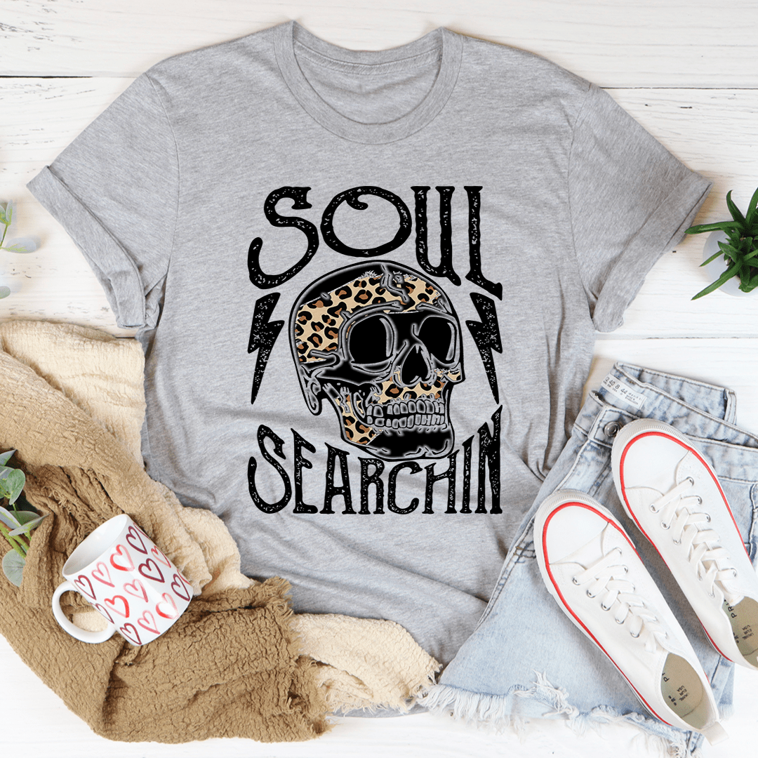 Soul Searchin Tee made of soft ring-spun cotton, featuring double stitching for durability, available in various sizes.