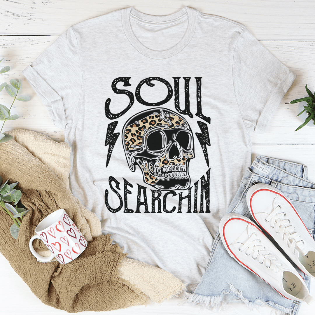 Soul Searchin Tee made of soft ring-spun cotton, featuring double stitching for durability, available in various sizes.