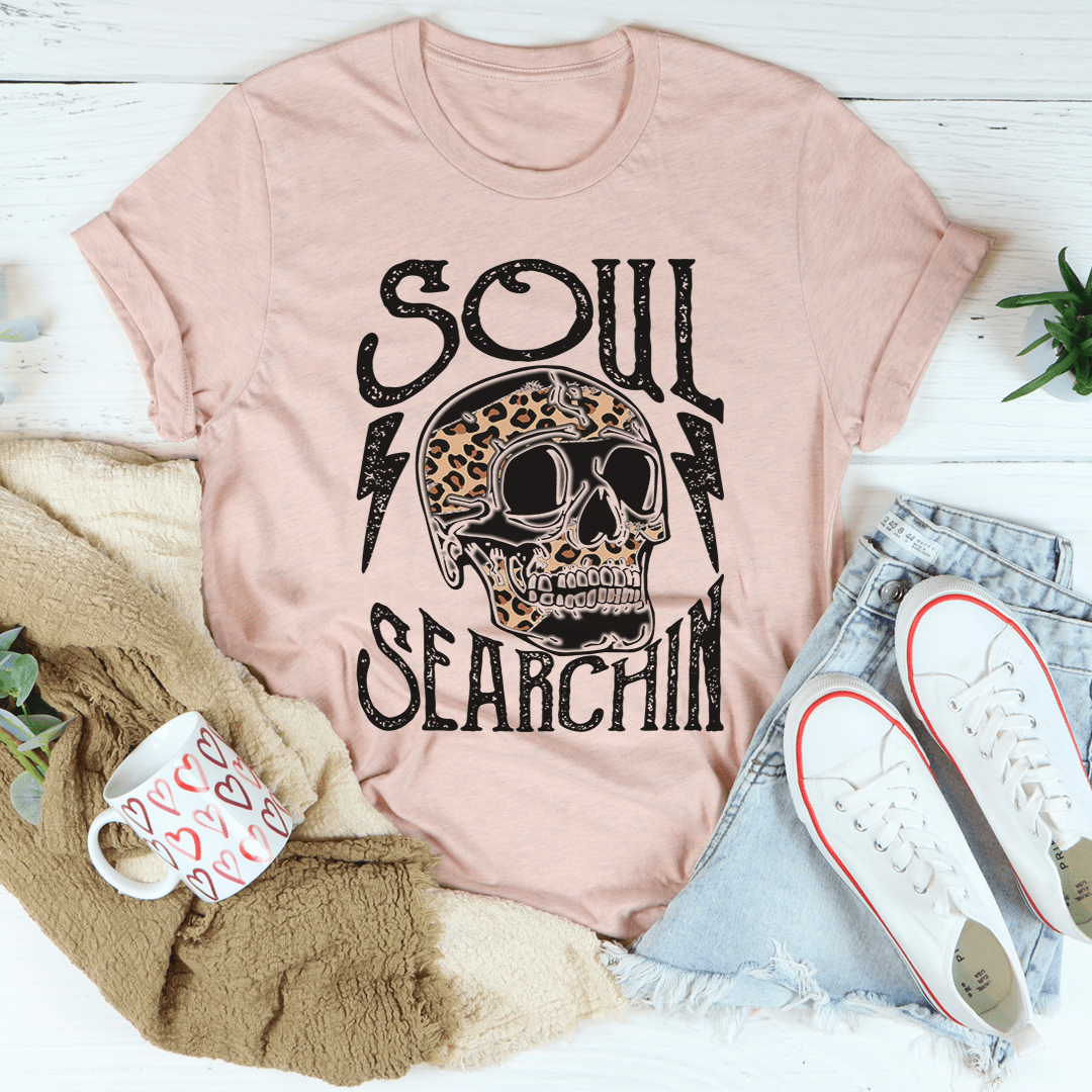 Soul Searchin Tee made of soft ring-spun cotton, featuring double stitching for durability, available in various sizes.