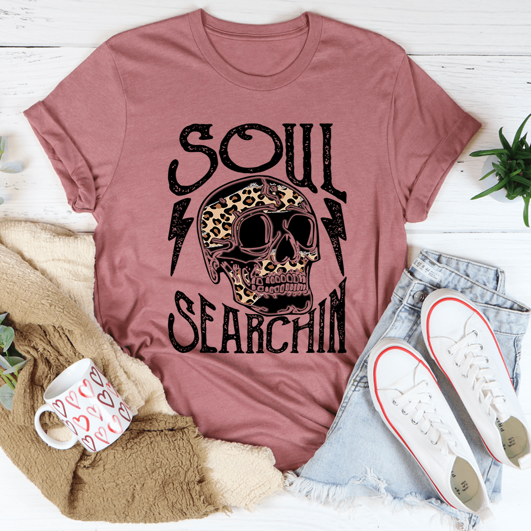 Soul Searchin Tee made of soft ring-spun cotton, featuring double stitching for durability, available in various sizes.