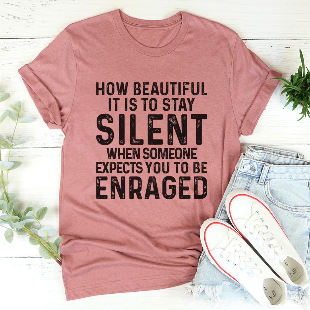 Stay Silent Tee made of soft ring-spun cotton, featuring double stitching for durability, available in various sizes.