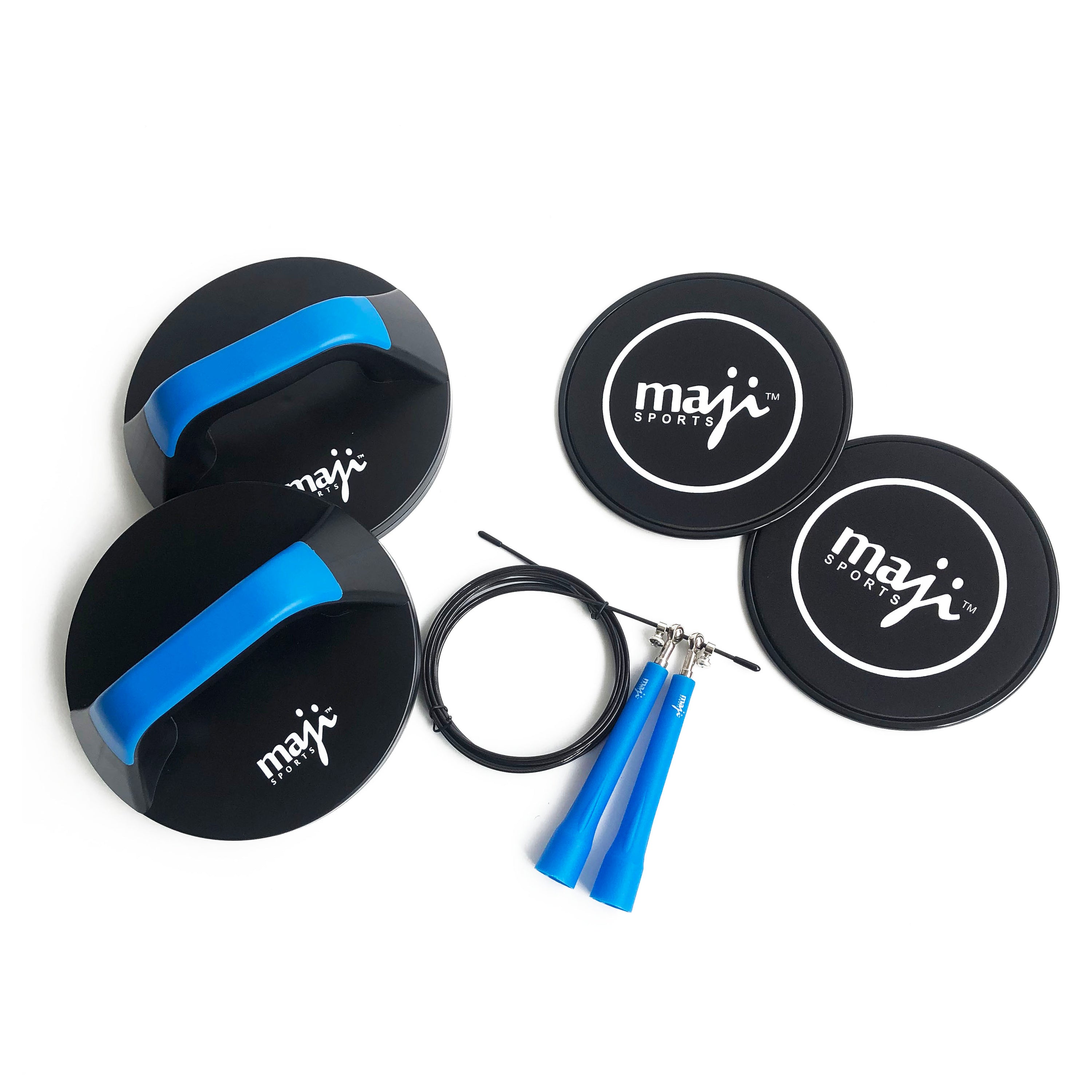 Strength & Cardio Essentials kit featuring rotating push-up bars, sliding core exercise discs, and a high-speed jump rope, ideal for home workouts.