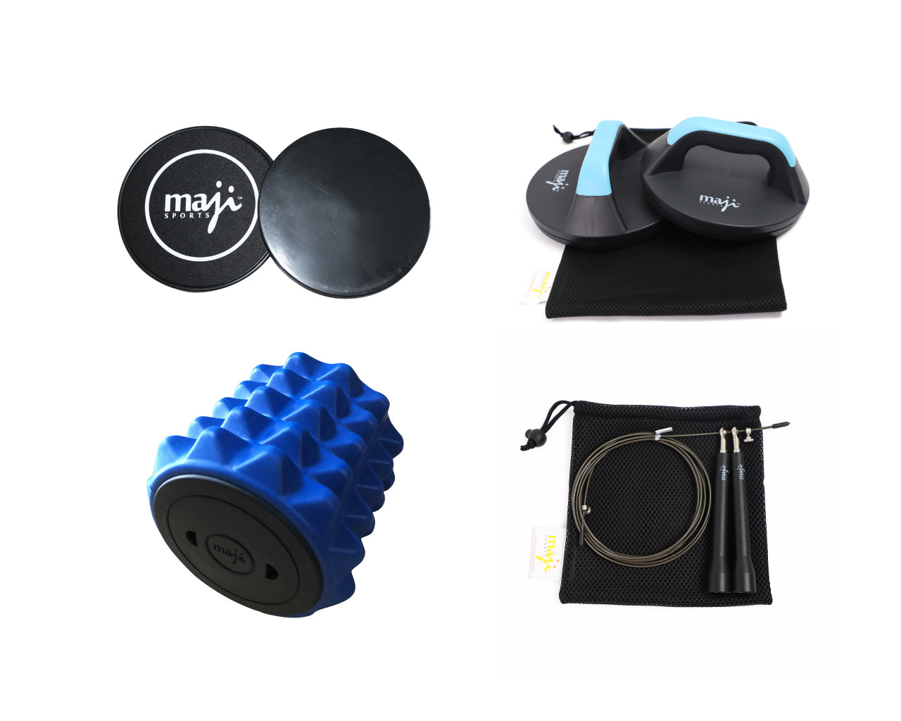 A collection of fitness tools including a rotating push-up bar, sliding core exercise discs, a high-speed jump rope, and a mini foam roller, all designed for strength, cardio, and recovery.