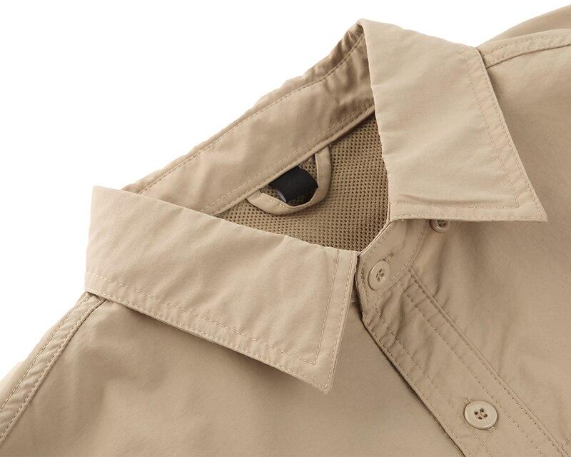 Men's summer cargo work shirt in khaki, featuring a turn-down collar and long sleeves, perfect for tactical and casual wear.