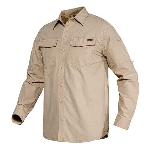 Men's summer cargo work shirt in khaki, featuring a turn-down collar and long sleeves, perfect for tactical and casual wear.