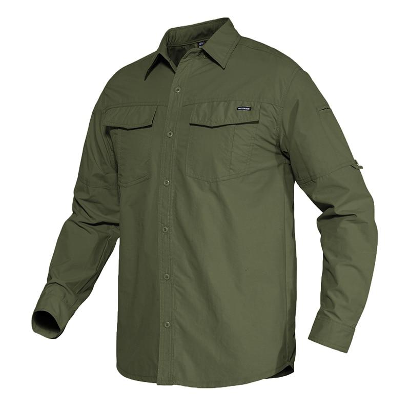 Men's summer cargo work shirt in khaki, featuring a turn-down collar and long sleeves, perfect for tactical and casual wear.