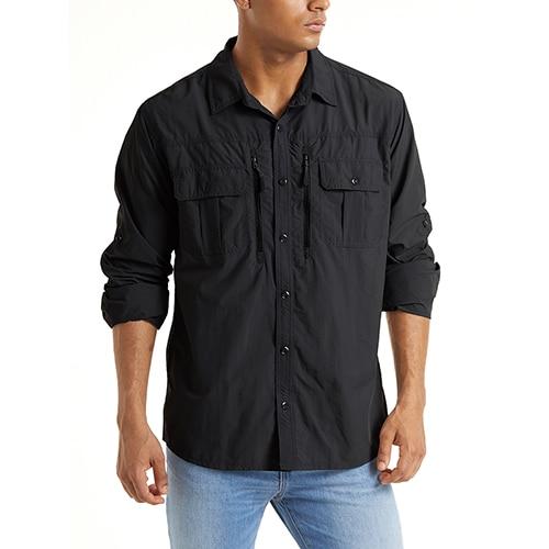 Men's Summer Tactical Shirt featuring breathable mesh, multiple pockets, and long sleeves in various colors.