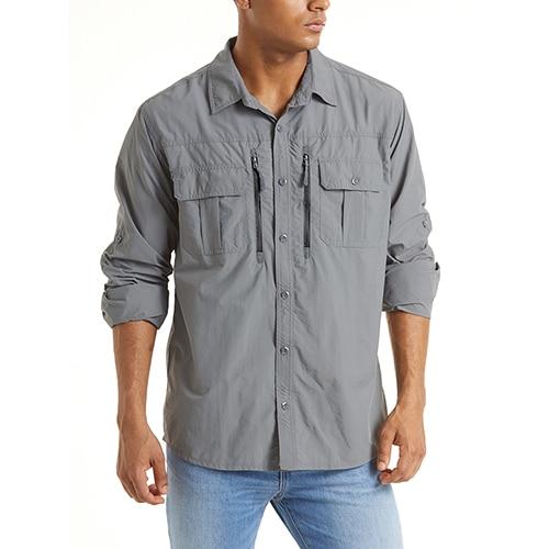 Men's Summer Tactical Shirt featuring breathable mesh, multiple pockets, and long sleeves in various colors.