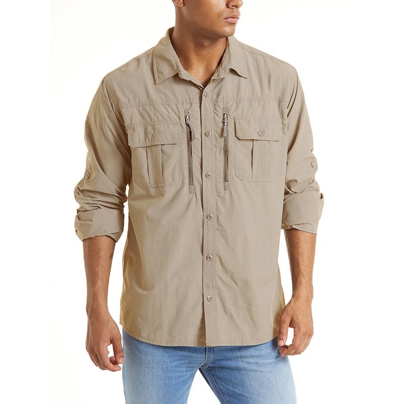 Men's Summer Tactical Shirt featuring breathable mesh, multiple pockets, and long sleeves in various colors.