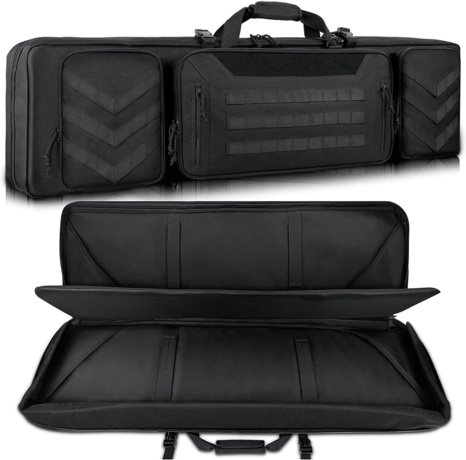 Sunfiner Urban Series Double Soft Rifle Case in urban design, showcasing multiple pockets and molle straps for gear attachment.