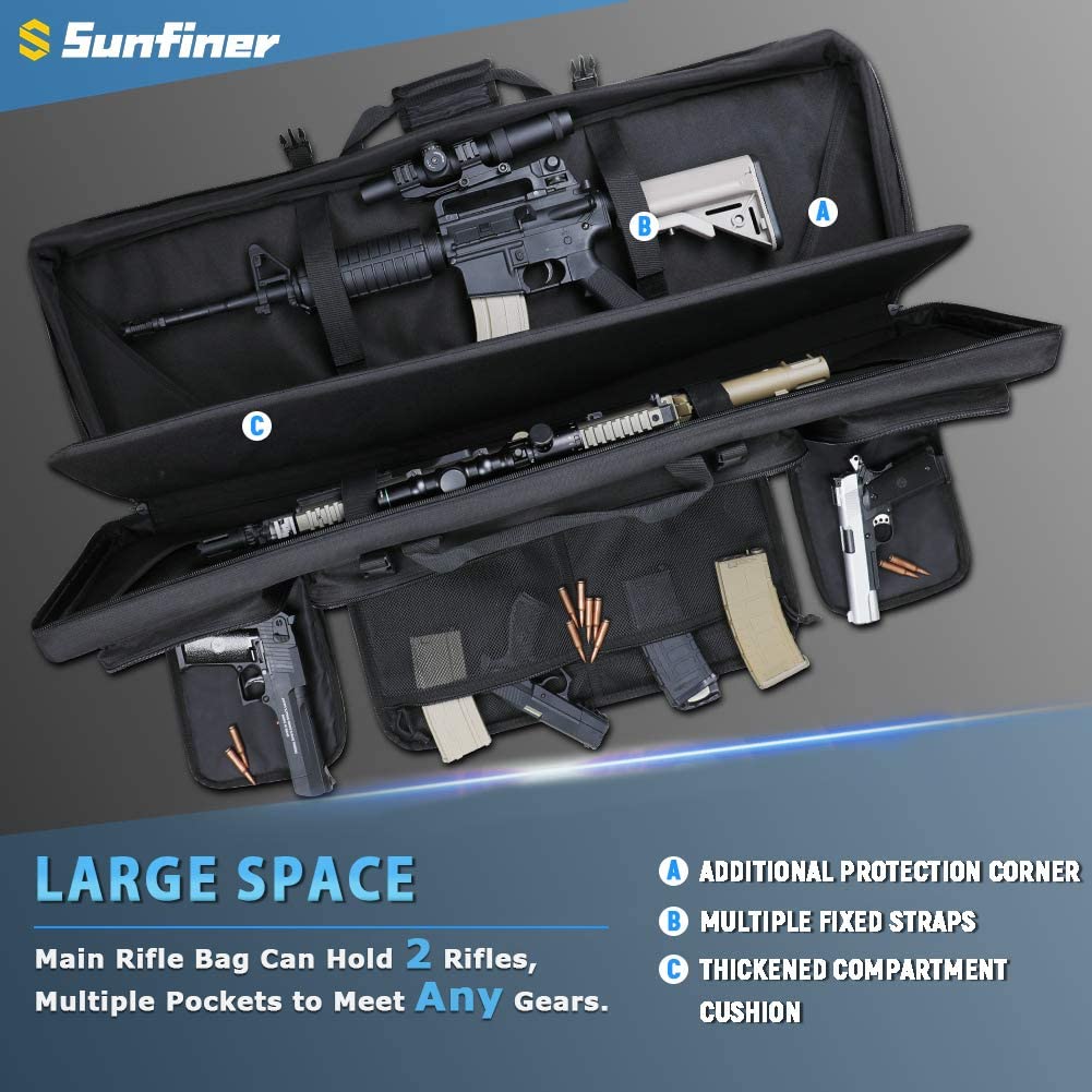 Sunfiner Urban Series Double Soft Rifle Case in urban design, showcasing multiple pockets and molle straps for gear attachment.