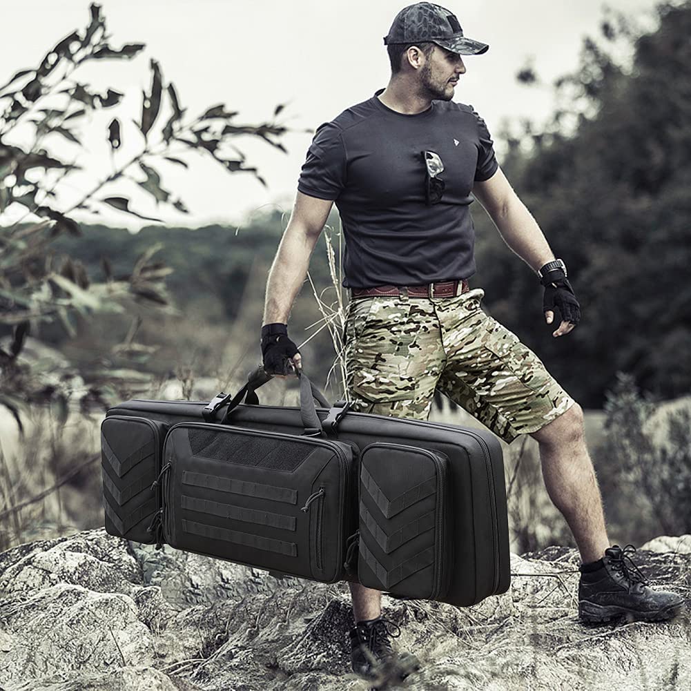 Sunfiner Urban Series Double Soft Rifle Case in urban design, showcasing multiple pockets and molle straps for gear attachment.