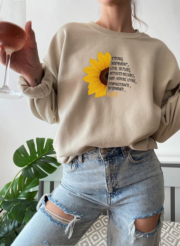 A cozy Sunflower Nurse Sweat Shirt featuring a vibrant sunflower design, perfect for nurses and casual wear.