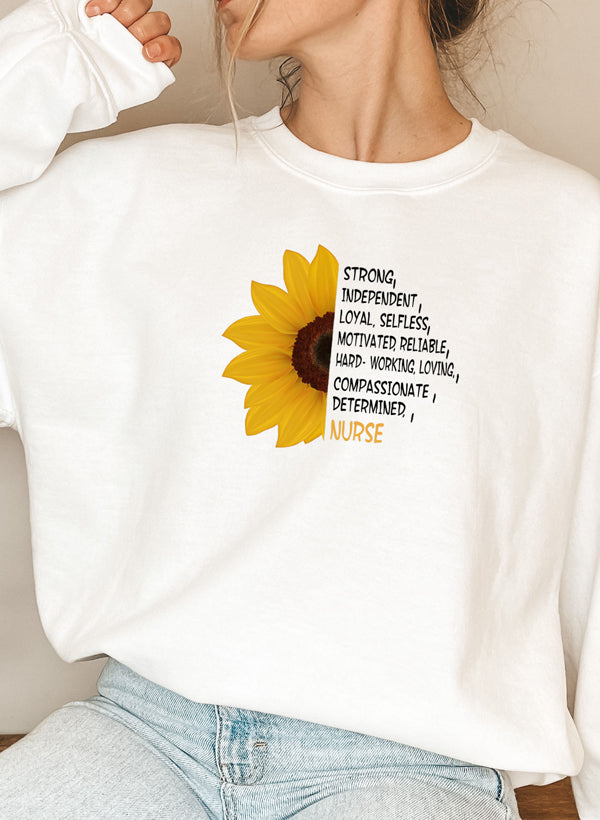 A cozy Sunflower Nurse Sweat Shirt featuring a vibrant sunflower design, perfect for nurses and casual wear.