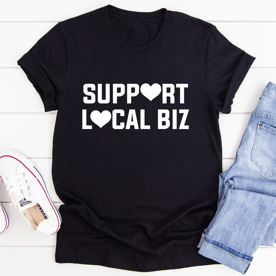 A comfortable Support Local Biz Tee made from soft ring-spun cotton, featuring double stitching for durability and a stylish design.