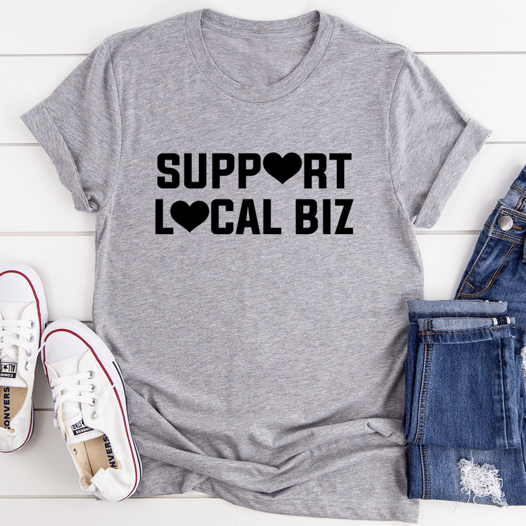 A comfortable Support Local Biz Tee made from soft ring-spun cotton, featuring double stitching for durability and a stylish design.