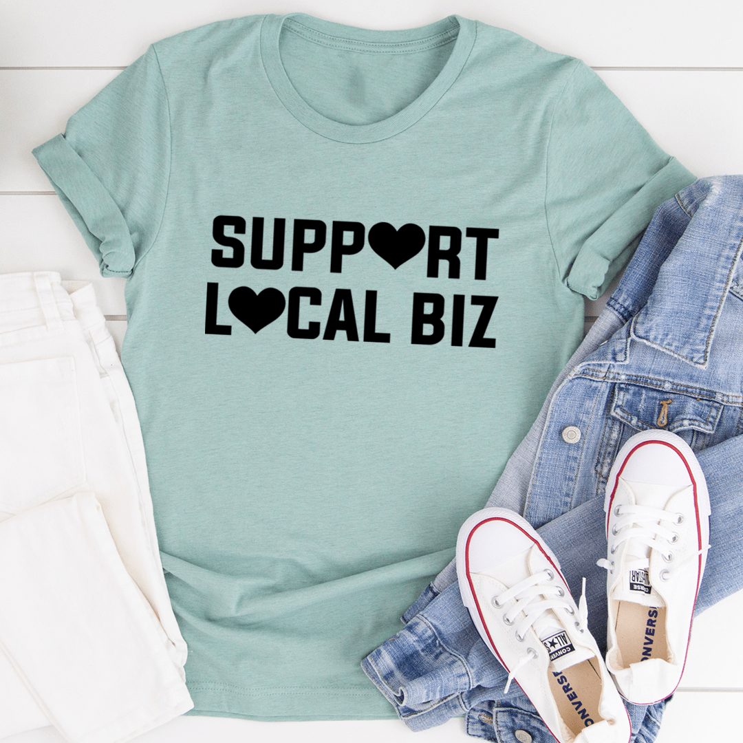 A comfortable Support Local Biz Tee made from soft ring-spun cotton, featuring double stitching for durability and a stylish design.