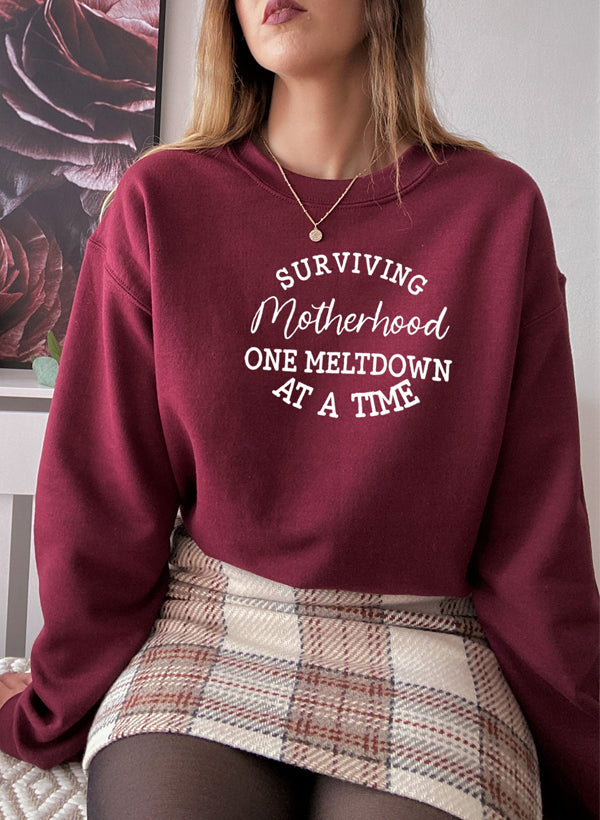 Cozy Surviving Motherhood Sweat Shirt featuring unique designs by top artists, made from soft cotton/poly fleece blend.