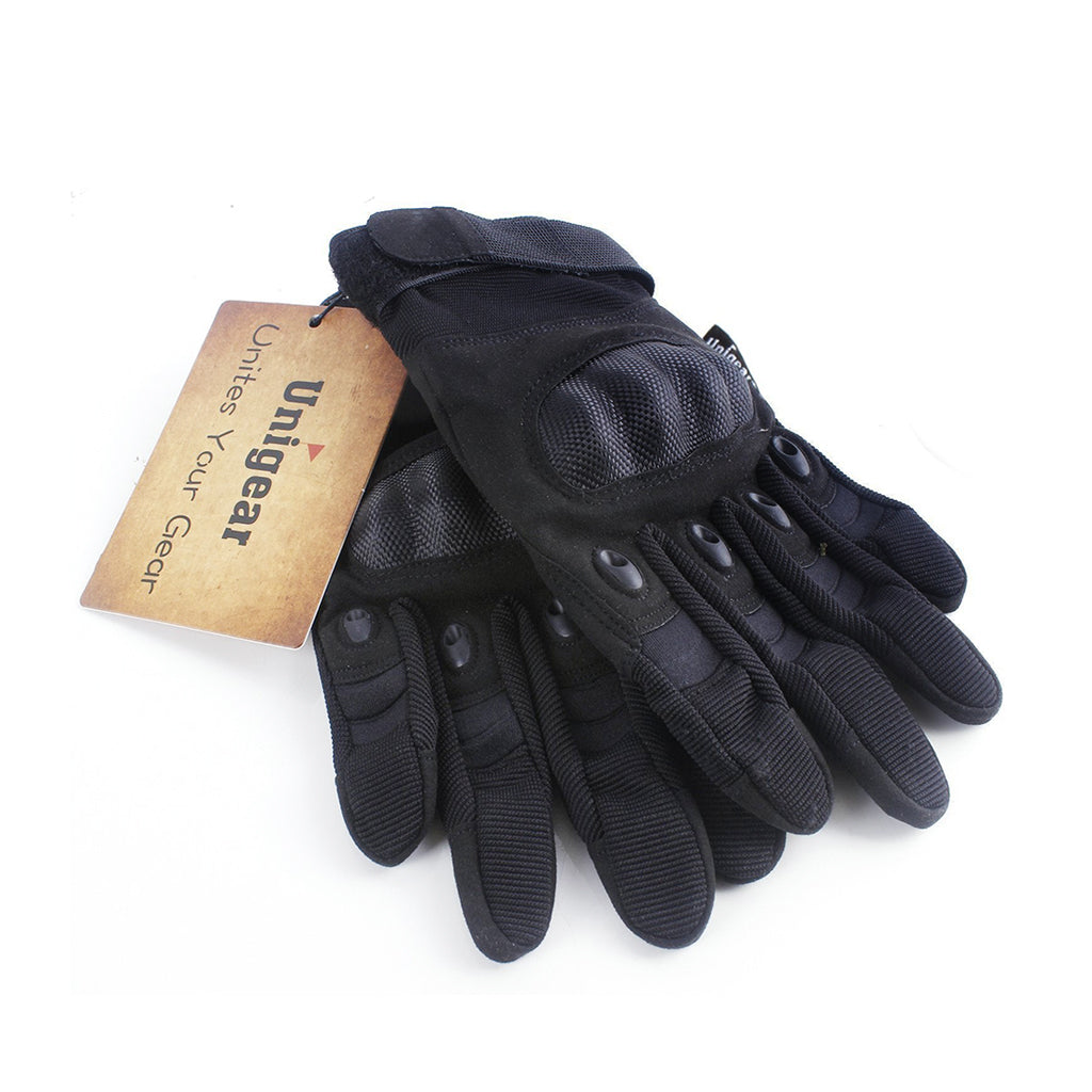 A pair of tactical gloves with full finger touch, featuring adjustable straps and breathable material, ideal for outdoor activities and work.