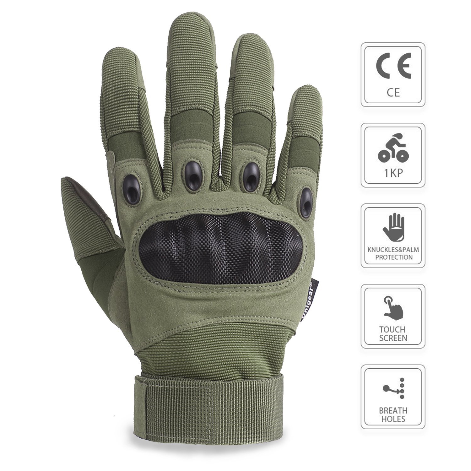 A pair of tactical gloves with full finger touch, featuring adjustable straps and breathable material, ideal for outdoor activities and work.