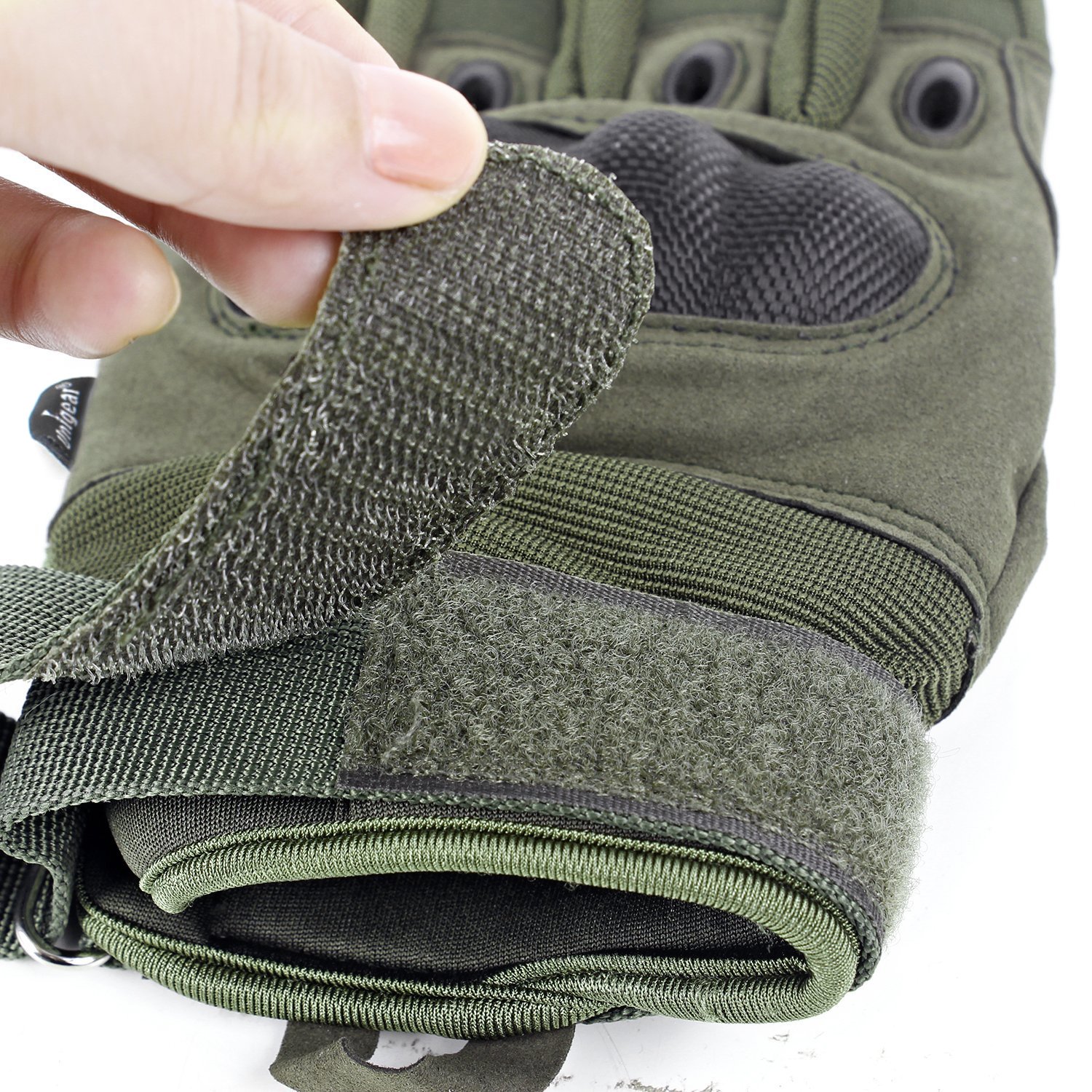 A pair of tactical gloves with full finger touch, featuring adjustable straps and breathable material, ideal for outdoor activities and work.