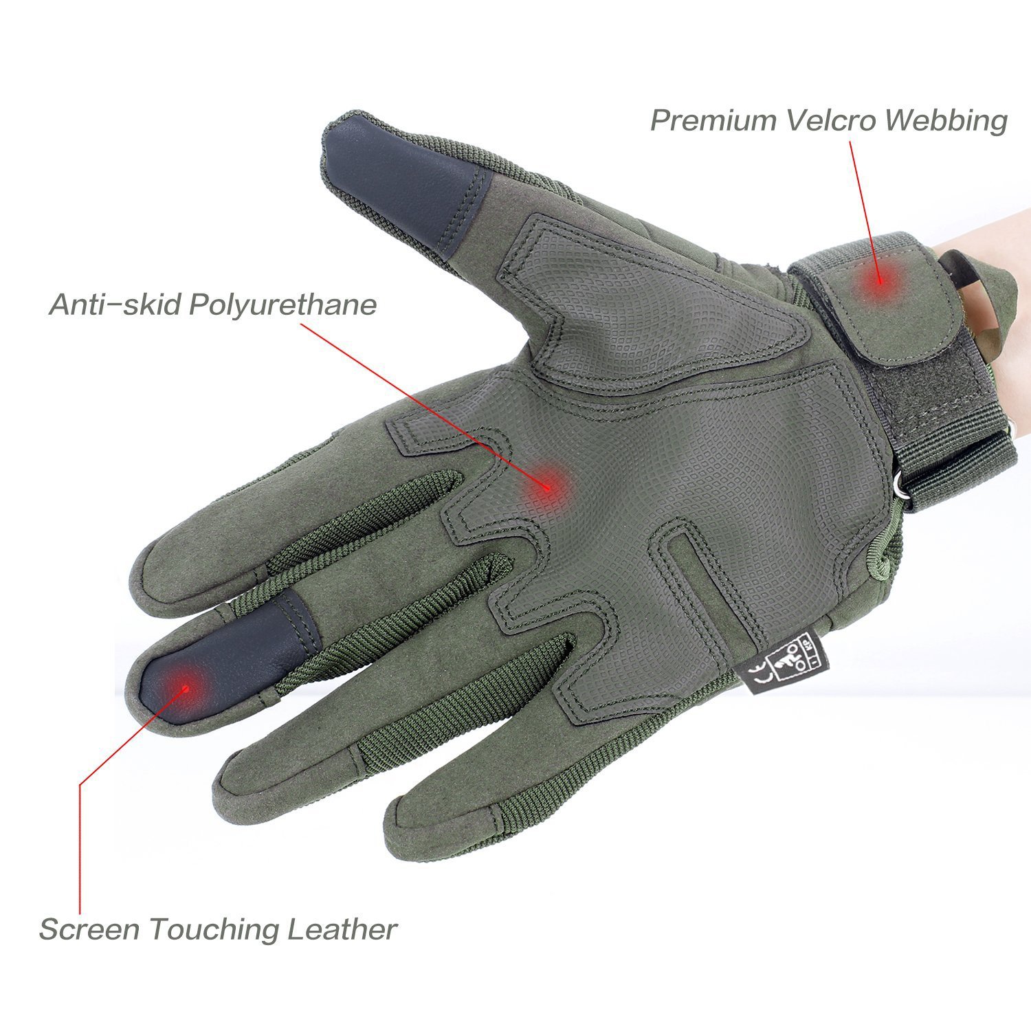 A pair of tactical gloves with full finger touch, featuring adjustable straps and breathable material, ideal for outdoor activities and work.