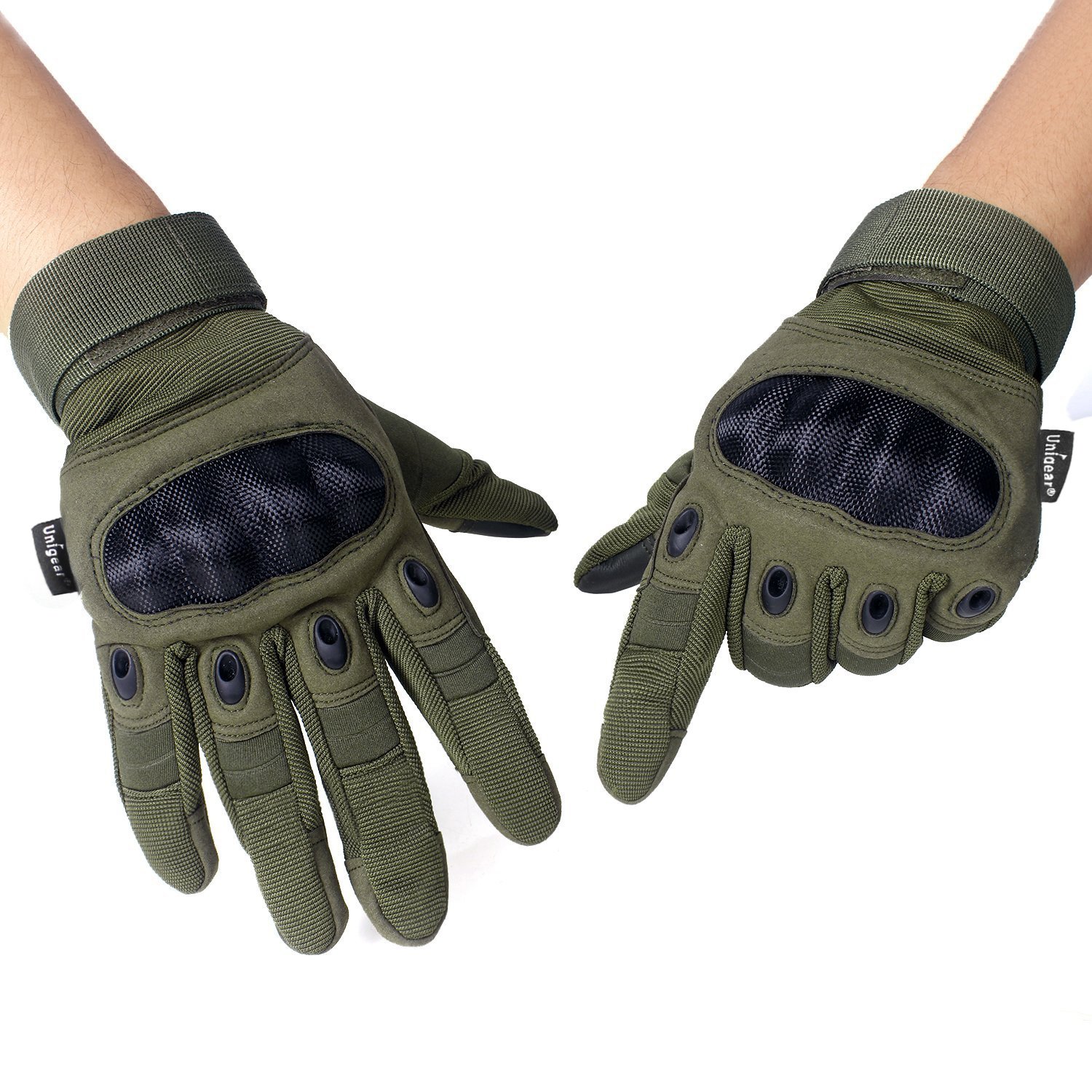 A pair of tactical gloves with full finger touch, featuring adjustable straps and breathable material, ideal for outdoor activities and work.