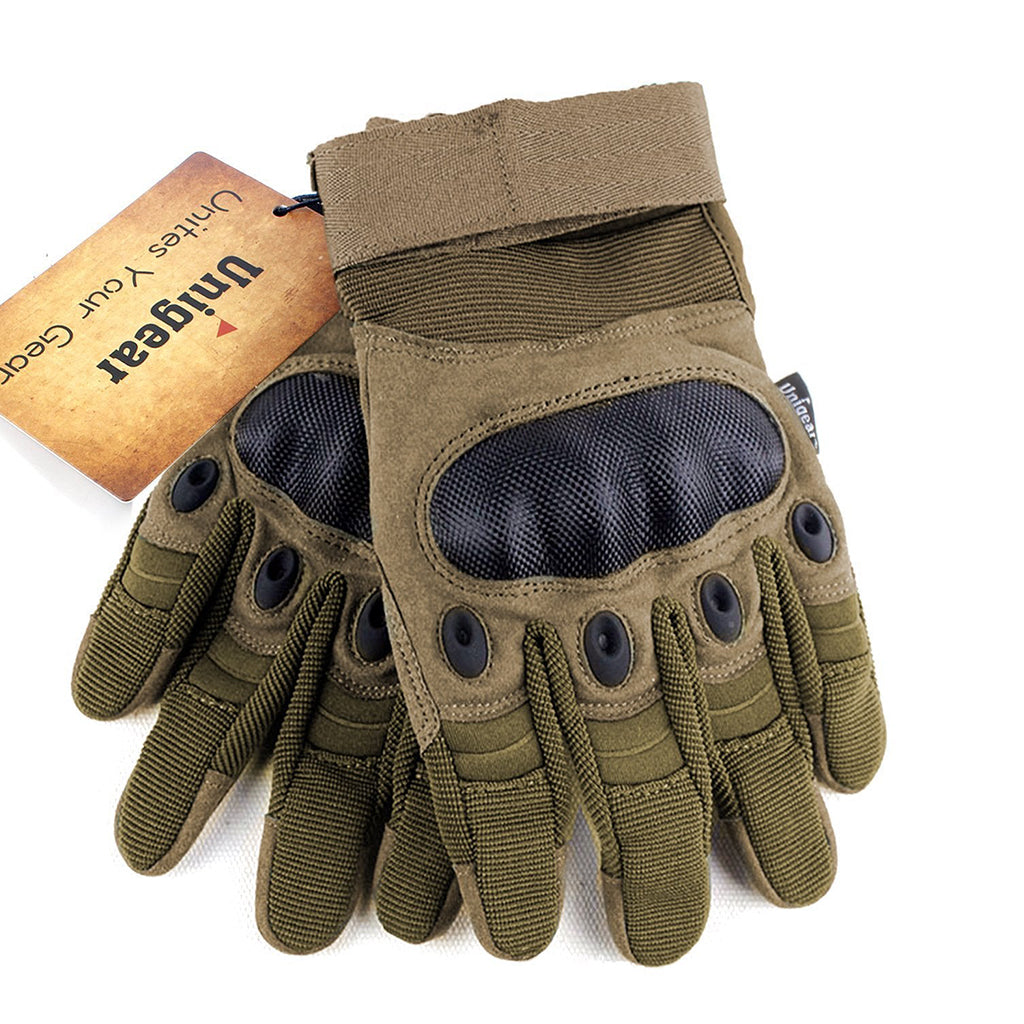 A pair of tactical gloves with full finger touch, featuring adjustable straps and breathable material, ideal for outdoor activities and work.