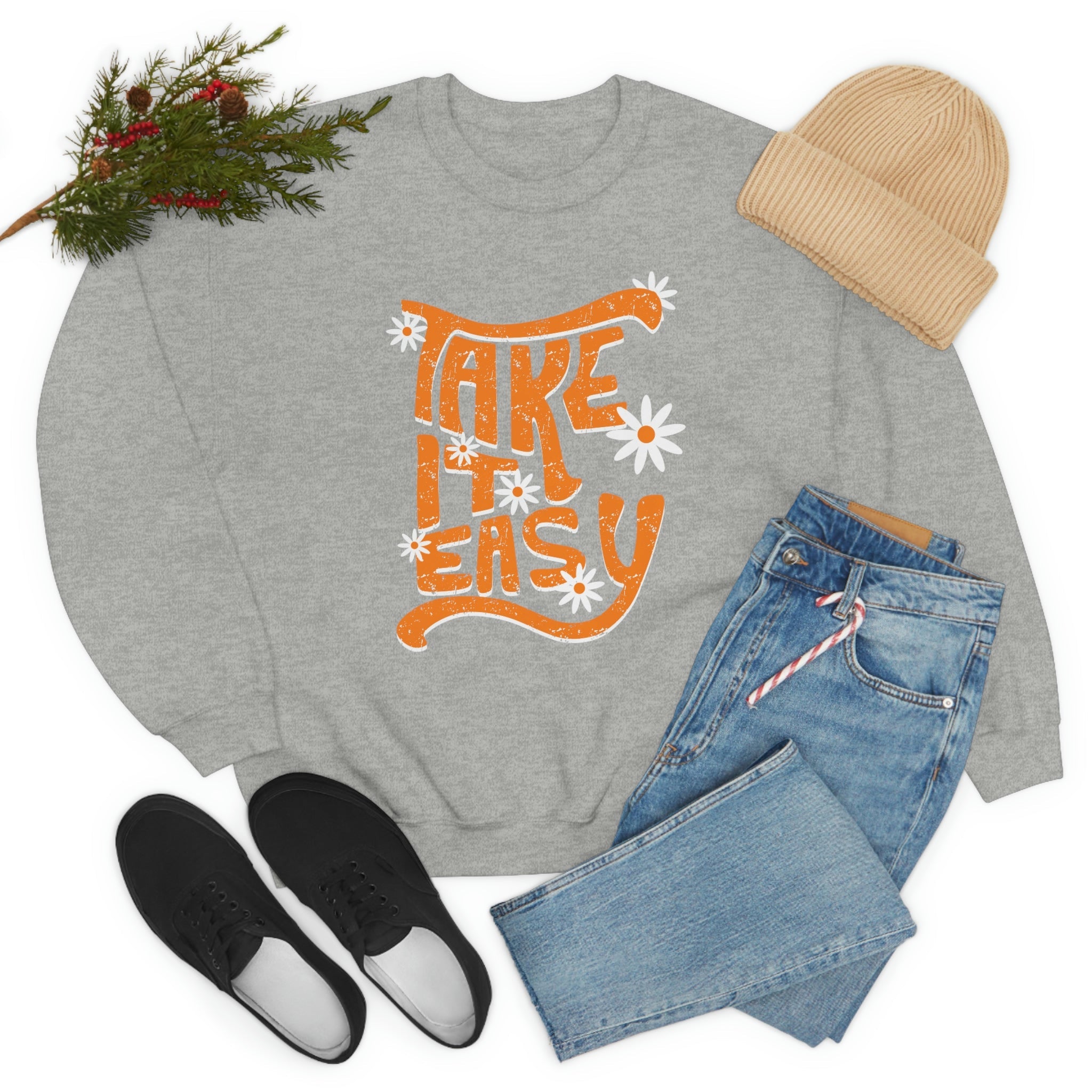 A cozy Take It Easy Sweat Shirt made from soft ring-spun cotton, featuring double stitching for durability and a stylish design.