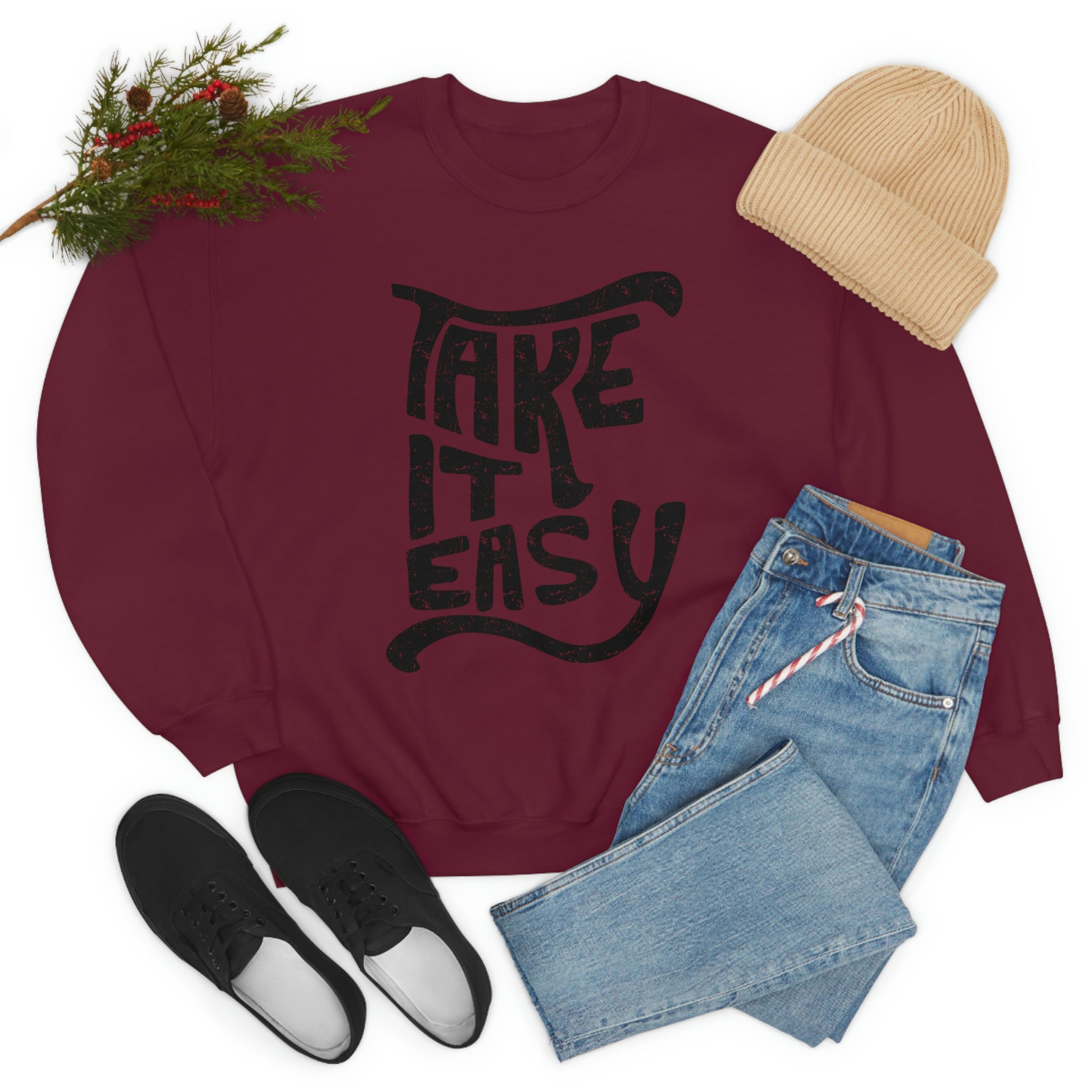 A cozy Take It Easy Sweat Shirt made from soft ring-spun cotton, featuring double stitching for durability and a stylish design.