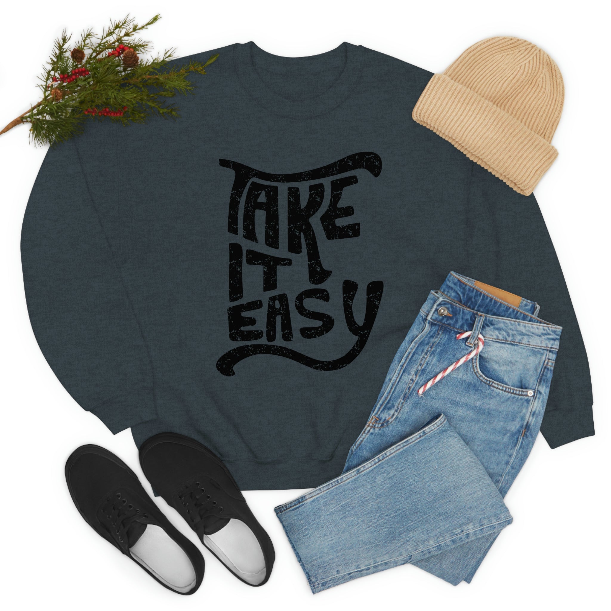 A cozy Take It Easy Sweat Shirt made from soft ring-spun cotton, featuring double stitching for durability and a stylish design.