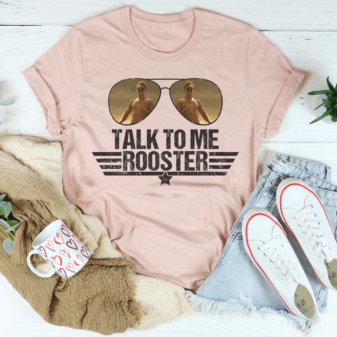 A stylish Talk To Me Rooster Tee made from soft ring-spun cotton, featuring a vibrant rooster design.