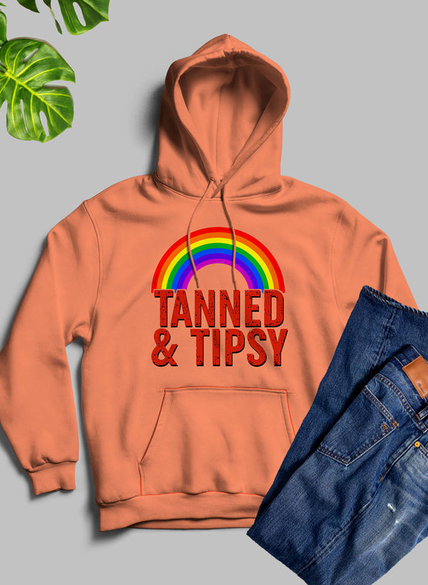 Tanned & Tipsy Hoodie featuring unique artistic designs and a cozy fleece blend material, perfect for casual wear.