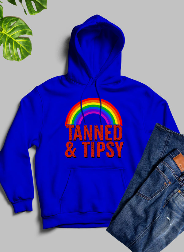 Tanned & Tipsy Hoodie featuring unique artistic designs and a cozy fleece blend material, perfect for casual wear.