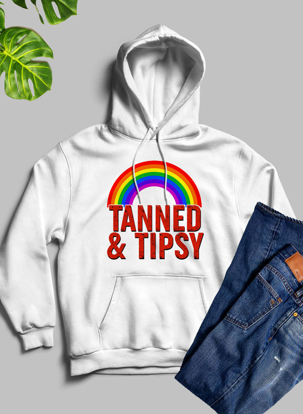 Tanned & Tipsy Hoodie featuring unique artistic designs and a cozy fleece blend material, perfect for casual wear.