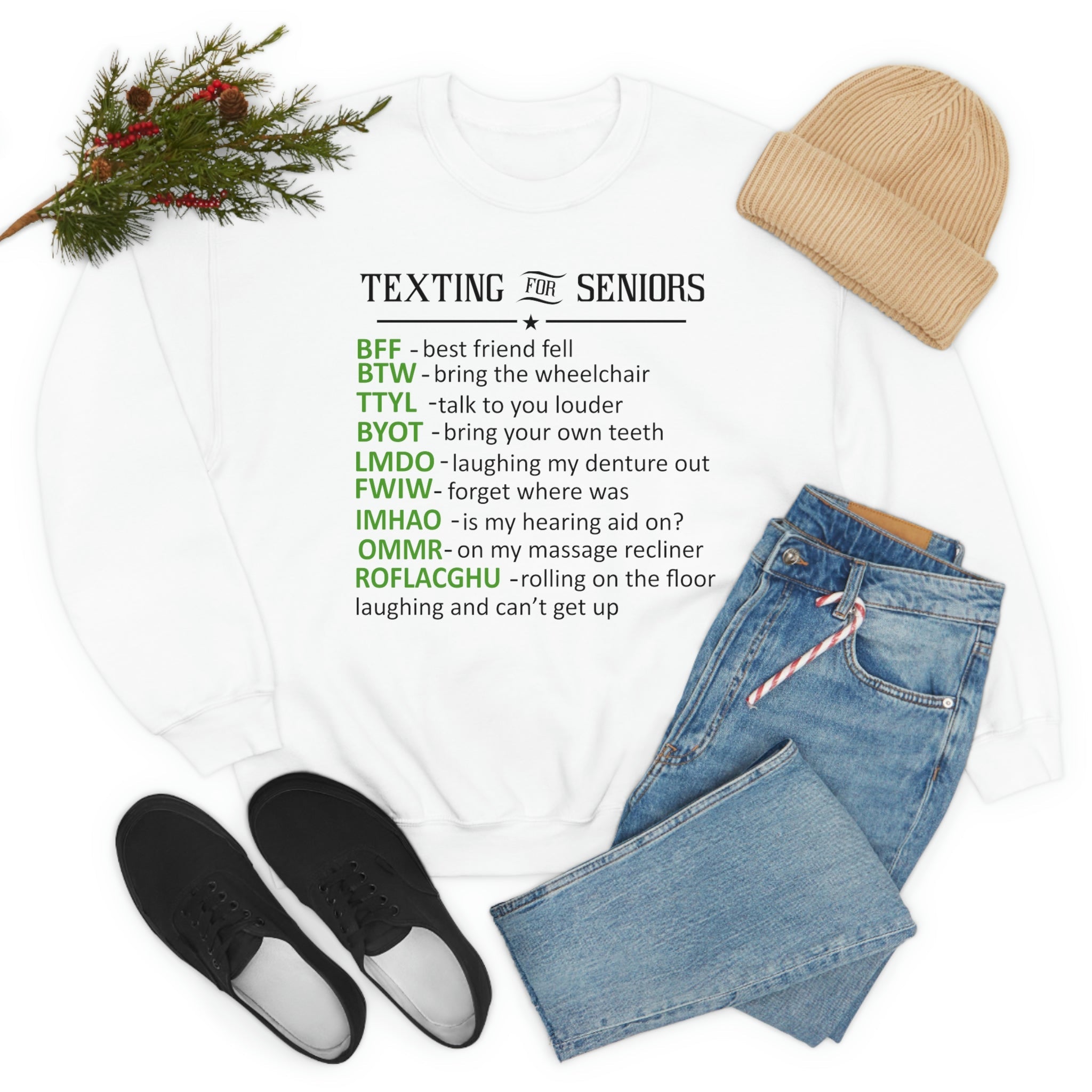 A cozy Texting For Seniors Sweat Shirt made of soft ring-spun cotton, featuring durable double stitching and a fun texting-themed design.