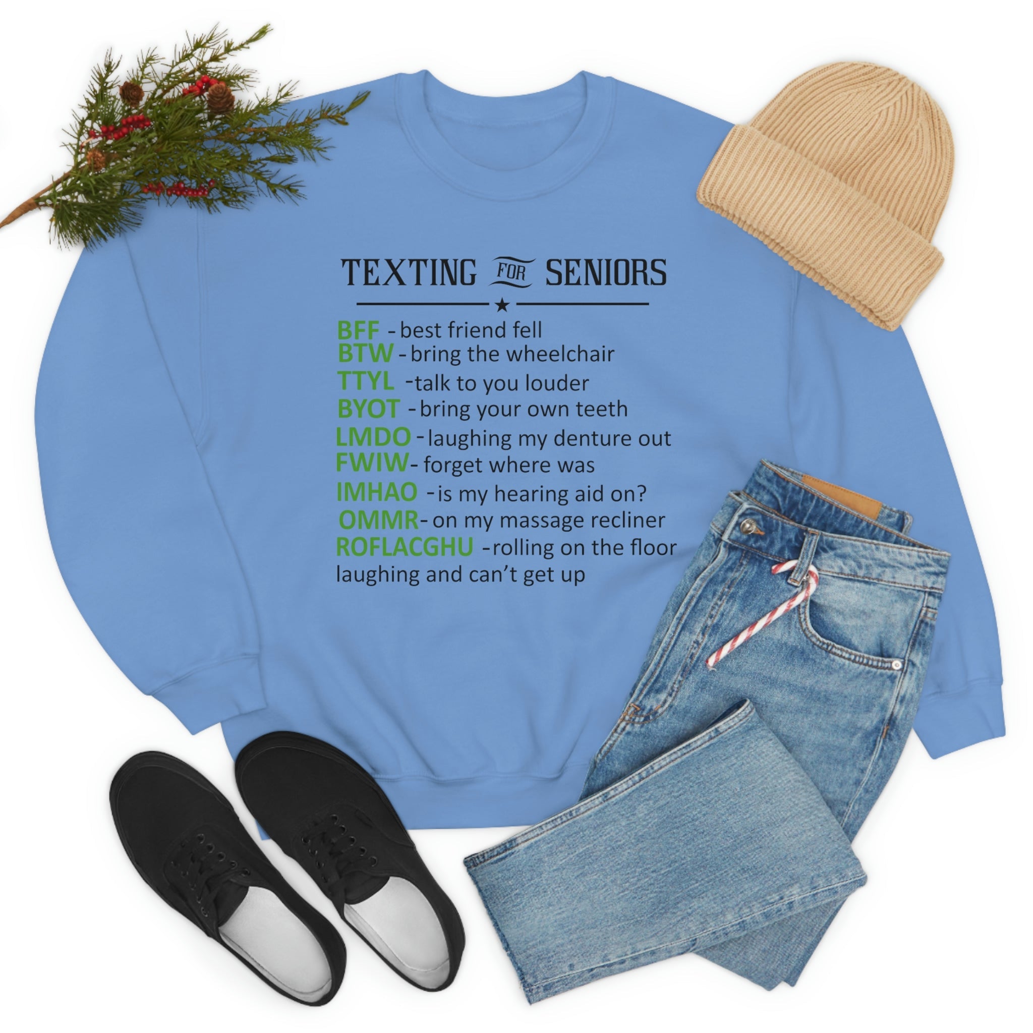 A cozy Texting For Seniors Sweat Shirt made of soft ring-spun cotton, featuring durable double stitching and a fun texting-themed design.