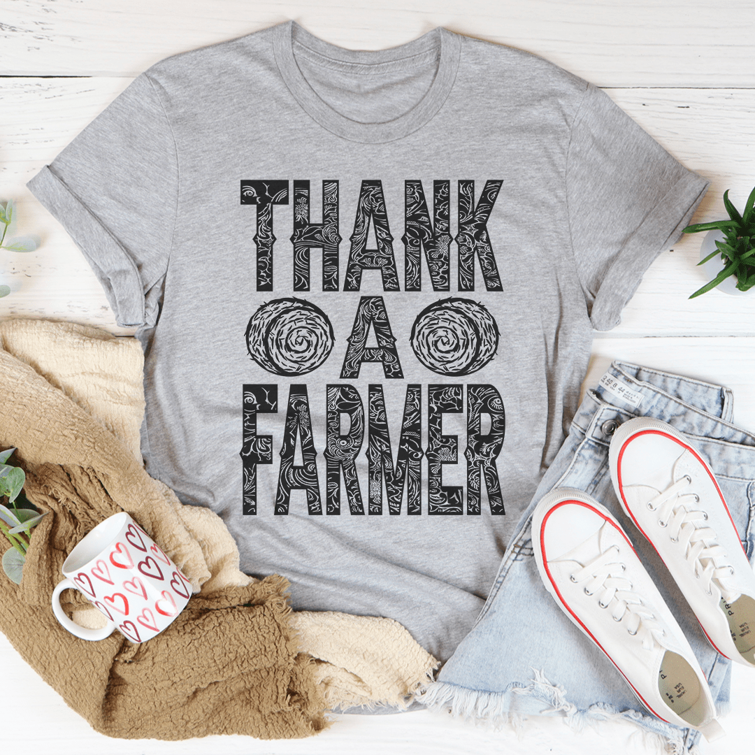 Thank A Farmer Tee made from soft ring-spun cotton, featuring durable double stitching and a unique farmer appreciation design.