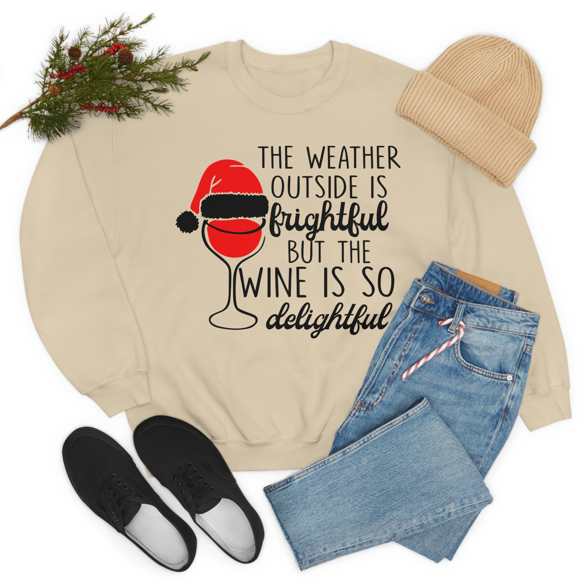 A cozy and stylish t-shirt featuring the phrase 'The Weather Outside is Frightful', made from soft ring-spun cotton with double stitching.