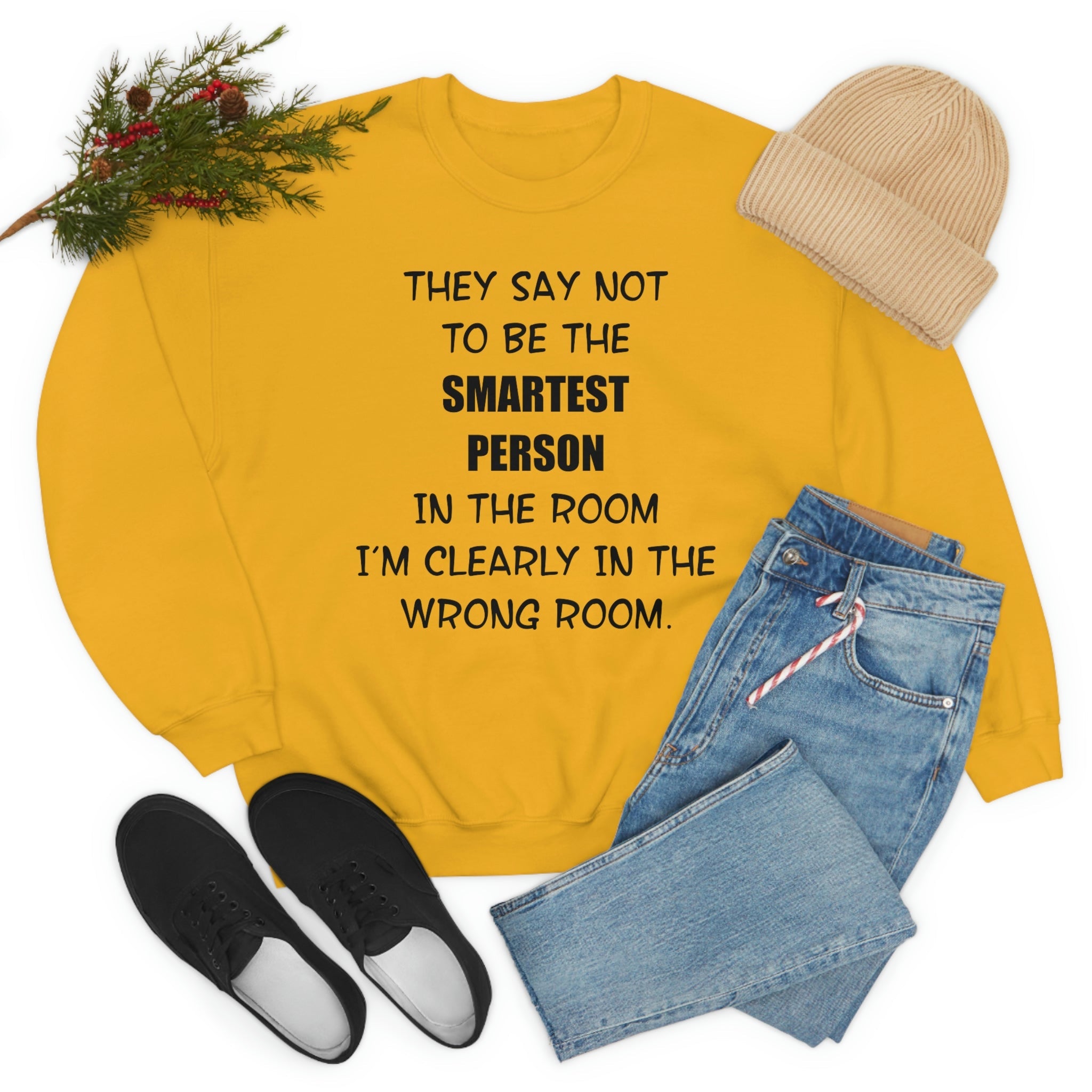 A stylish t-shirt featuring the phrase 'They Say Not To Be The Smartest Person In The Room', made from soft ring-spun cotton with double stitching.