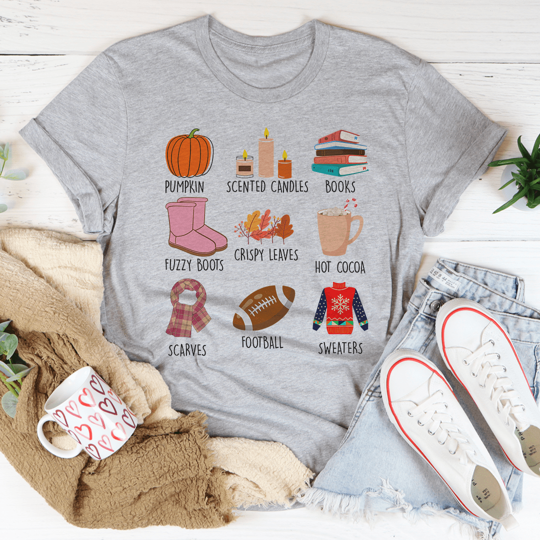 A cozy Things I Love About Fall Tee made of soft ring-spun cotton, featuring double stitching for durability, perfect for autumn wear.