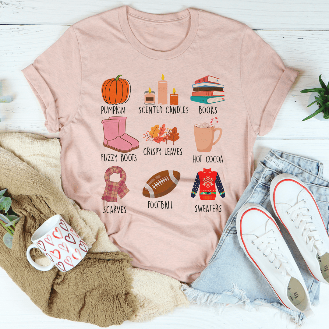 A cozy Things I Love About Fall Tee made of soft ring-spun cotton, featuring double stitching for durability, perfect for autumn wear.