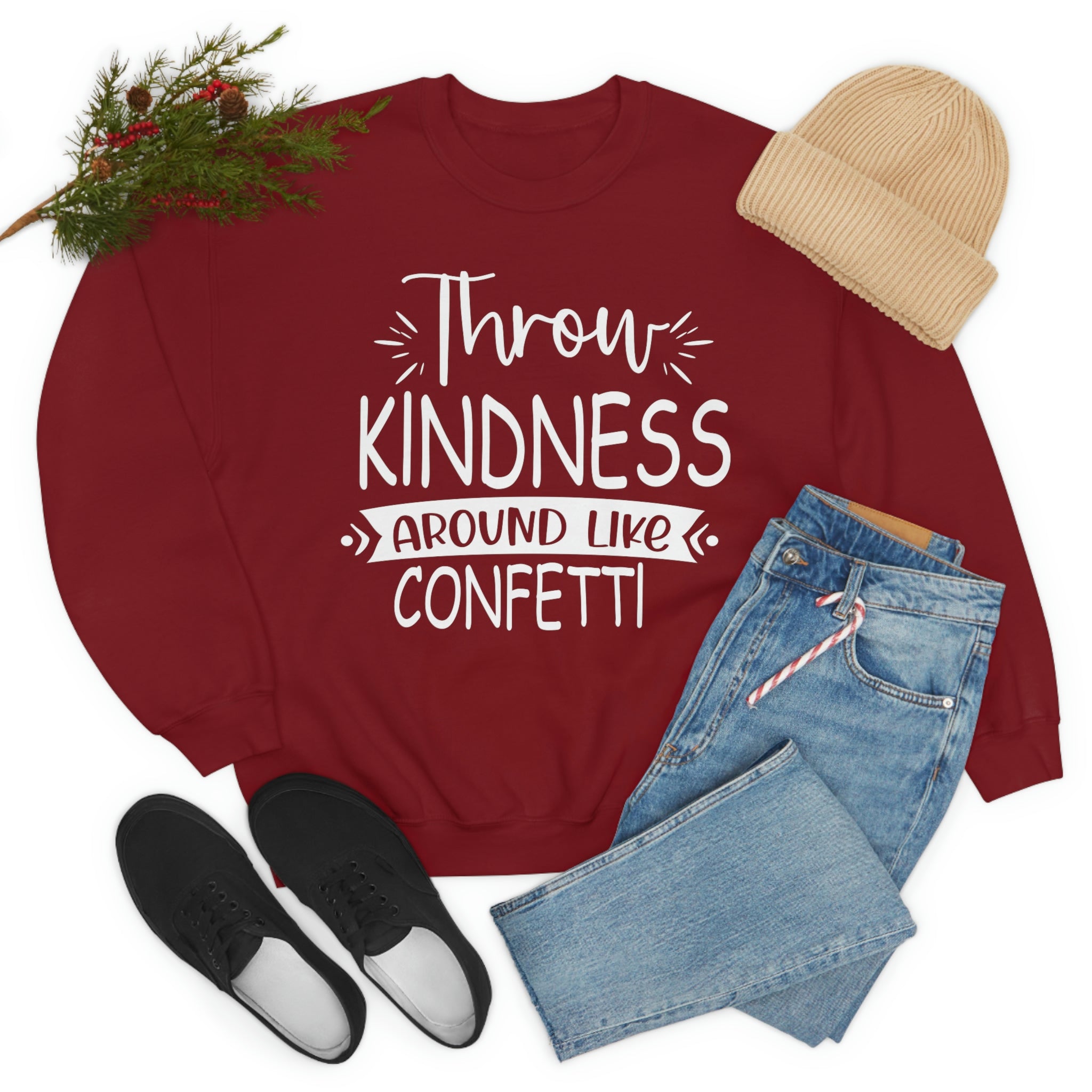 A cozy Throw Kindness Around Like Confetti Sweat Shirt in soft cotton, featuring a positive message and durable stitching.