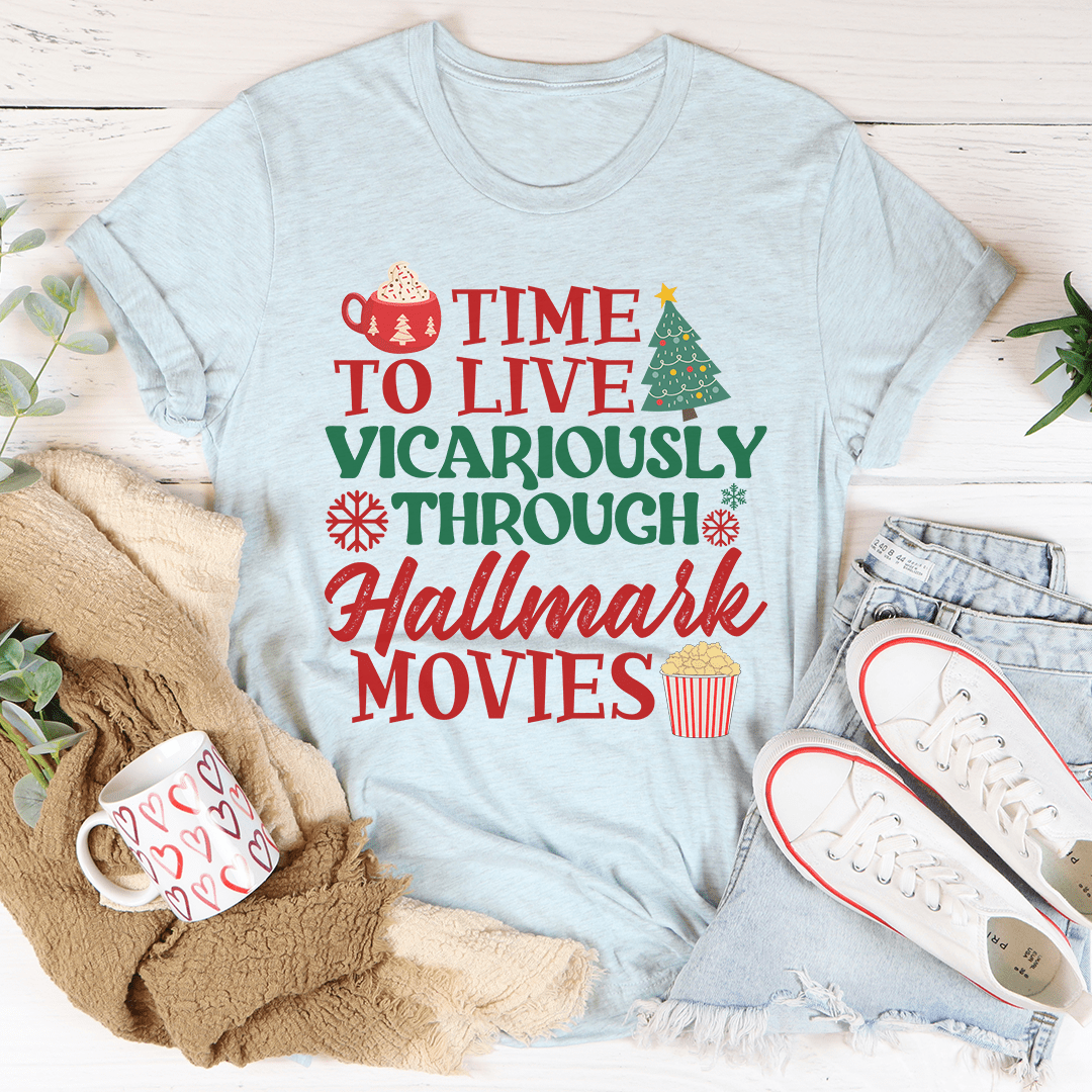 A cozy Time to Live Vicariously Christmas Tee made from soft ring-spun cotton, featuring a festive design perfect for holiday celebrations.