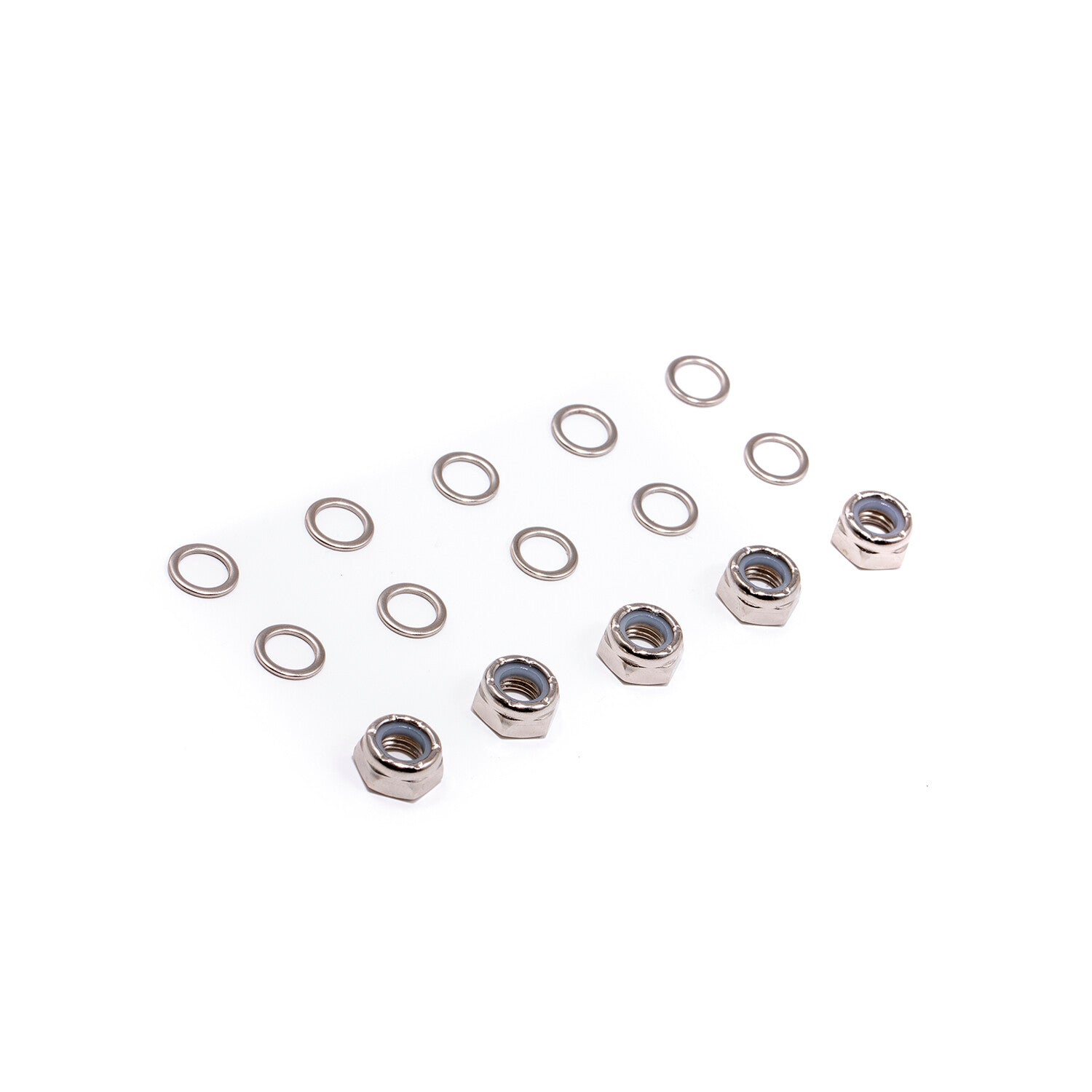 High-quality Truck Axle Hardware set including nylon locked nuts, axle washers, and durable steel components for skateboards.