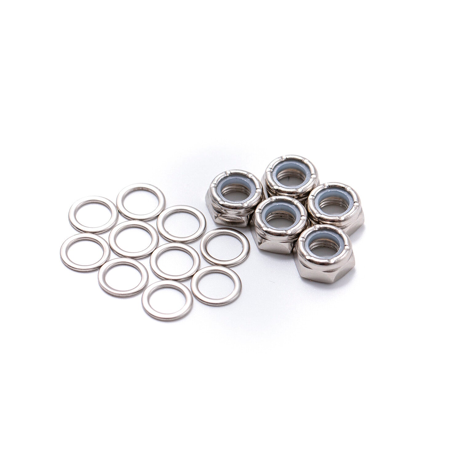 High-quality Truck Axle Hardware set including nylon locked nuts, axle washers, and durable steel components for skateboards.