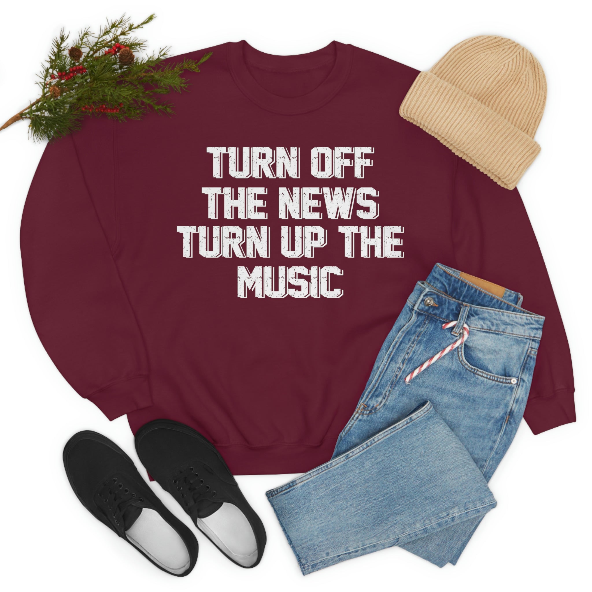 A cozy Turn Up The Music Sweat Shirt made from soft ring-spun cotton, featuring double stitching for durability, available in various sizes.