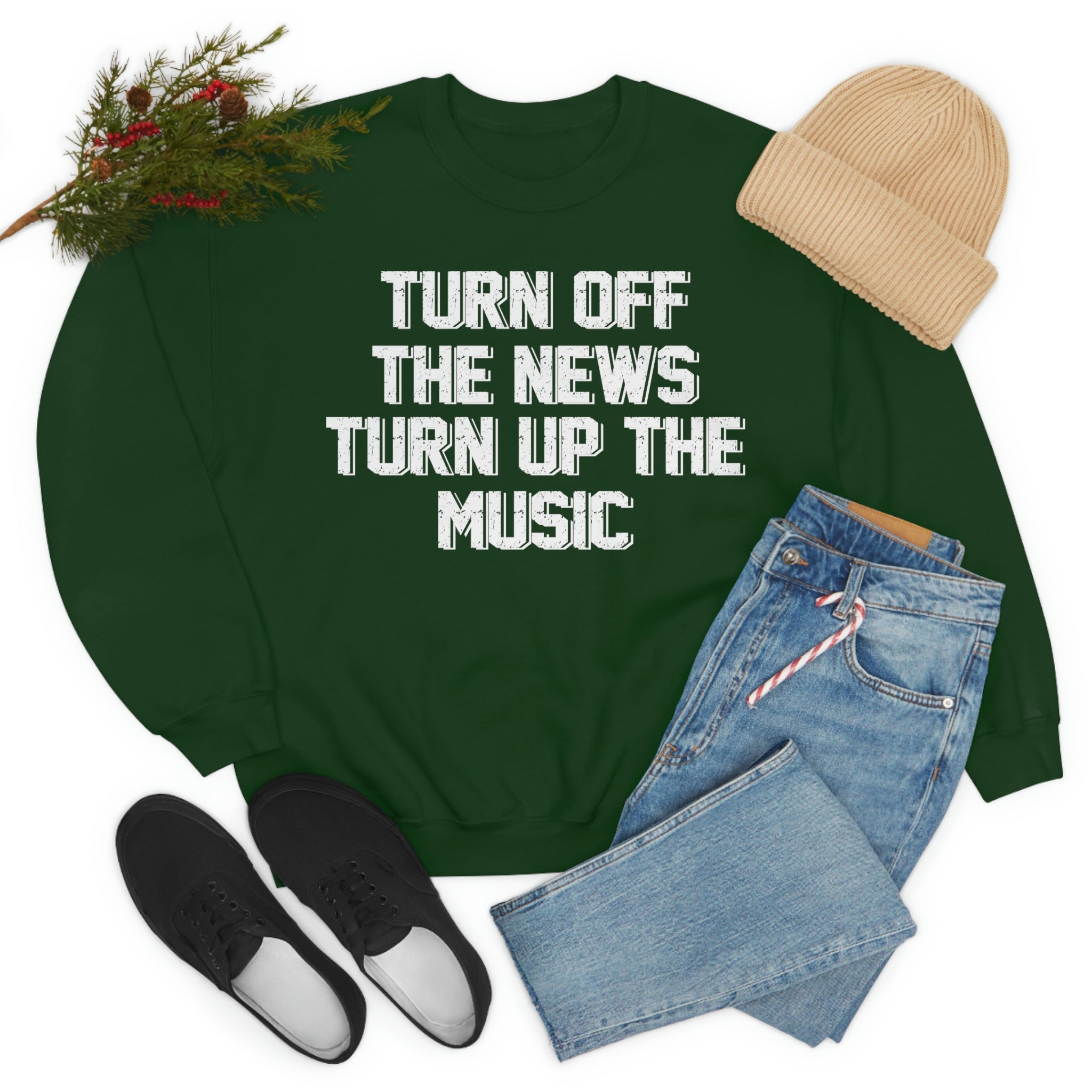 A cozy Turn Up The Music Sweat Shirt made from soft ring-spun cotton, featuring double stitching for durability, available in various sizes.